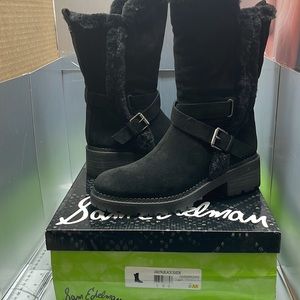 BNIB Sam Edelman Jailyn Boots Suede Faux Fur Buckle Strap Mid-Calf Black Size 8M